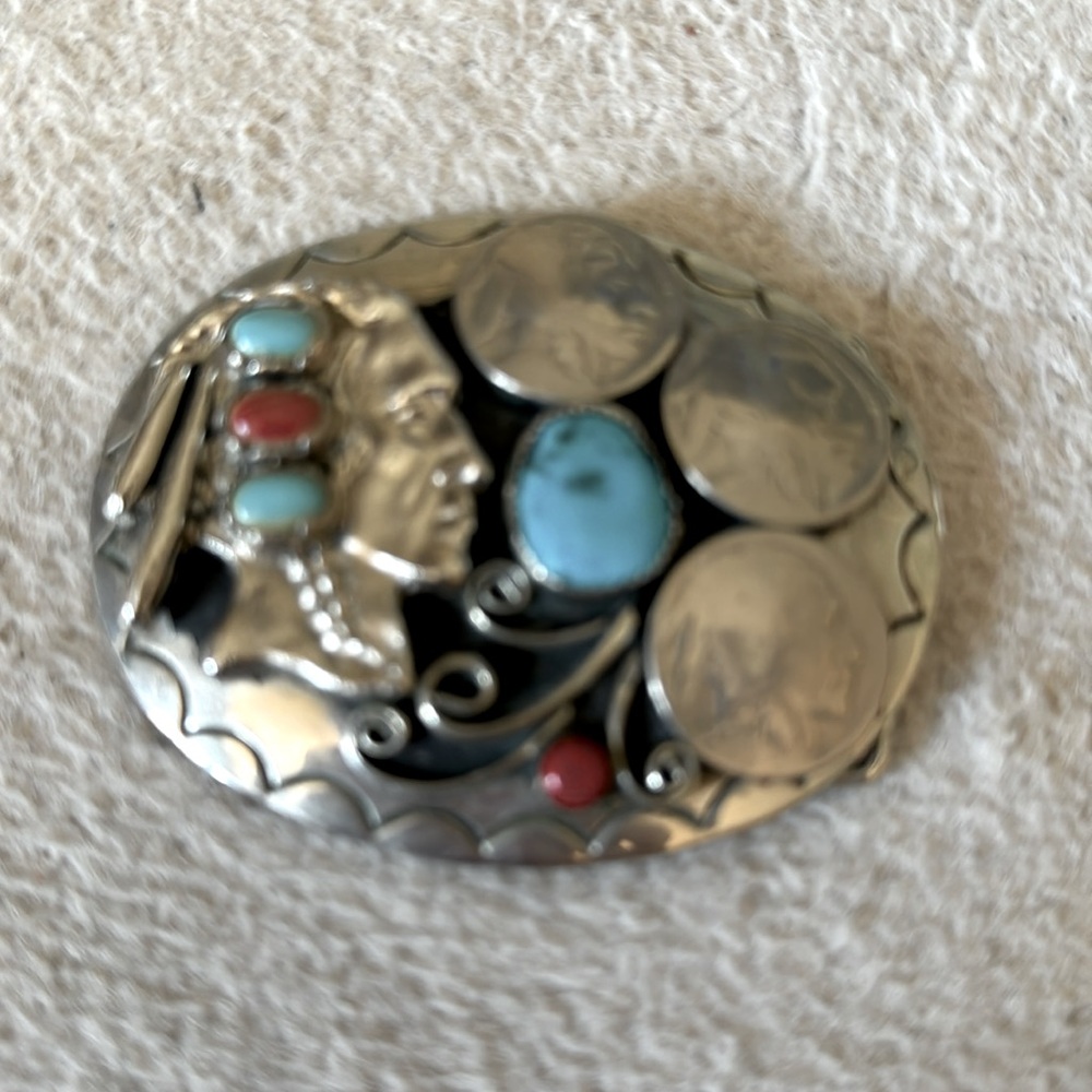 Navajo 3.5" Indian Head Belt Buckle Buffalo Nickle Turquoise Coral Native Artist